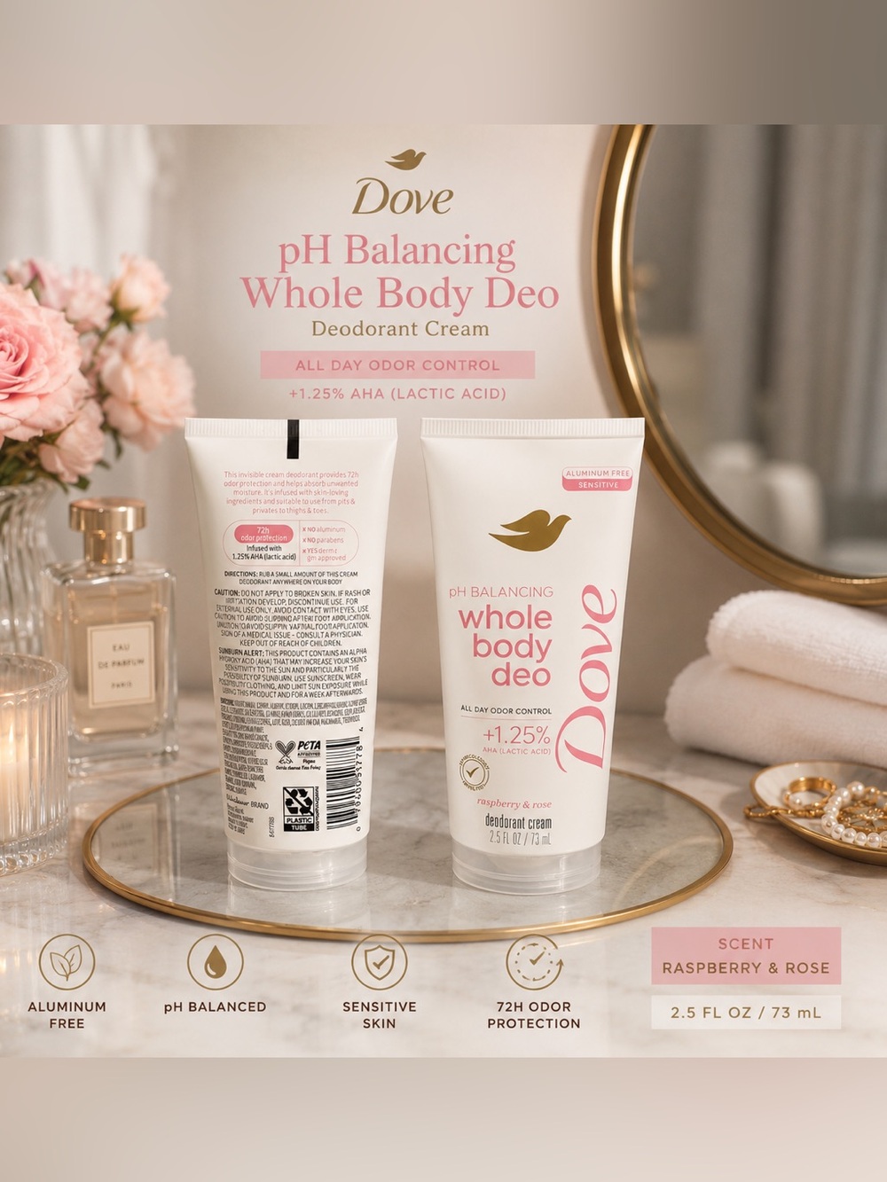Dove pH Balancing Whole Body Deodorant Cream – Raspberry & Rose 2 pack